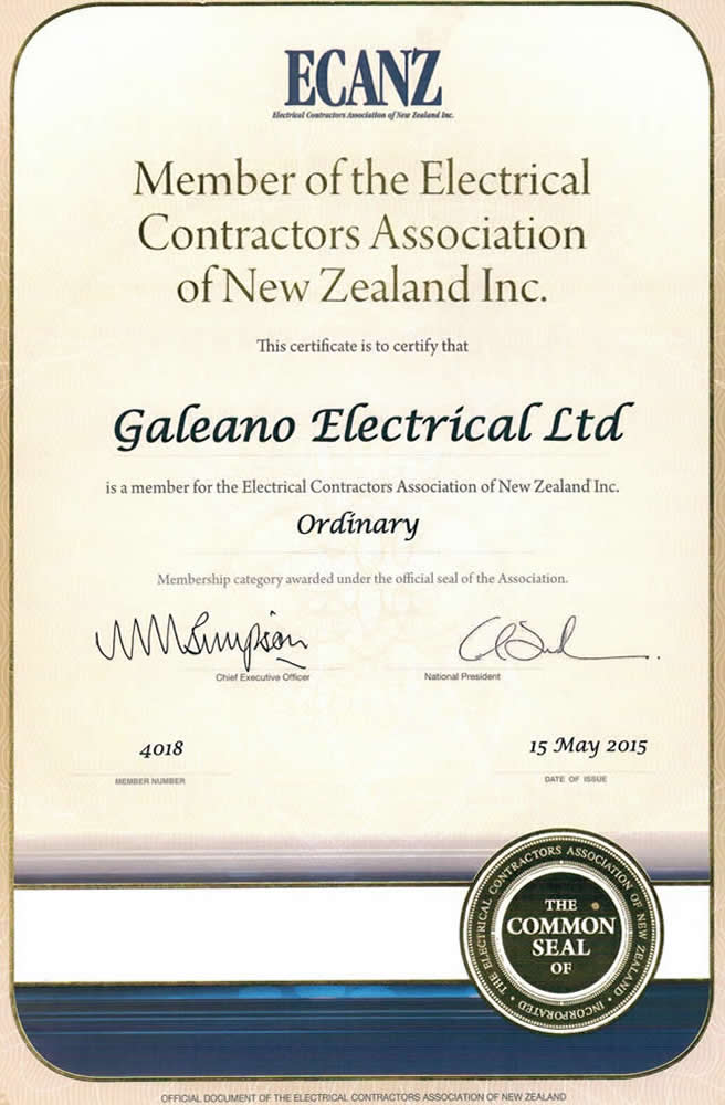 ECANZ Membership Certificate Of Galeano Electrical Marlborough NZ