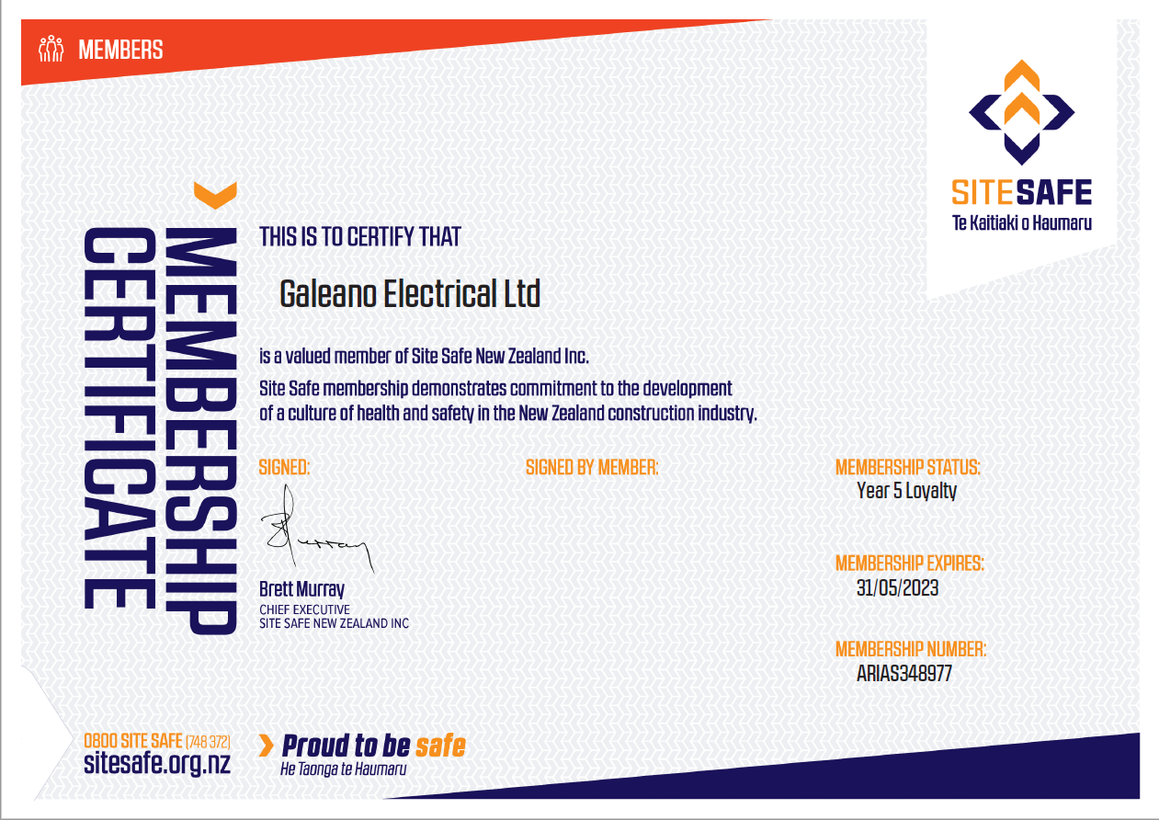Site Safe Membership Certificate 2019 for Galeano Electrical Marlborough