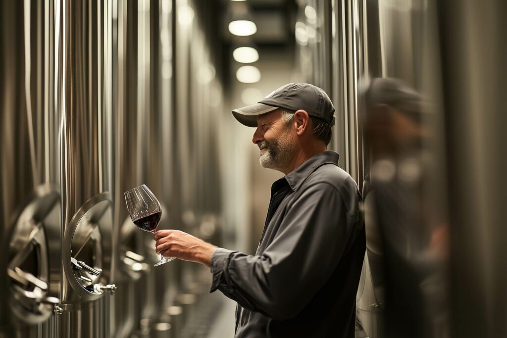 A Photograph Of A Happy Winemaker Carefully Inspect In Front Of Repaired Lights