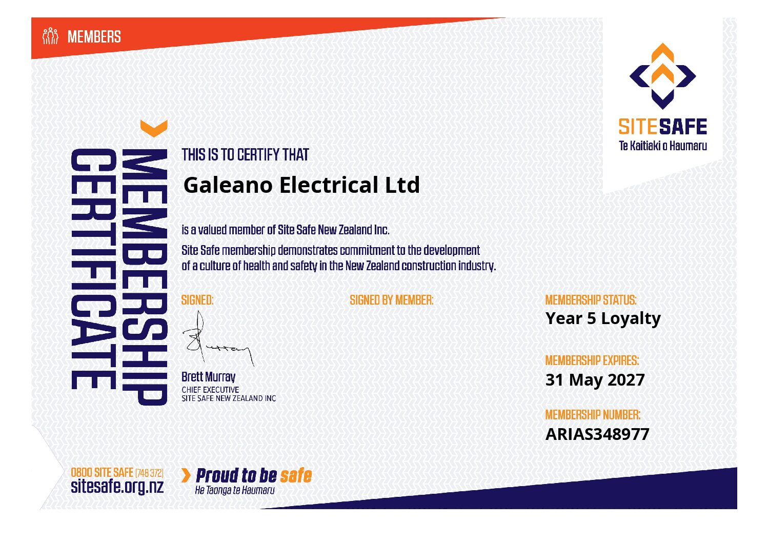 Site Safe Membership Certificate 2019 for Galeano Electrical Marlborough